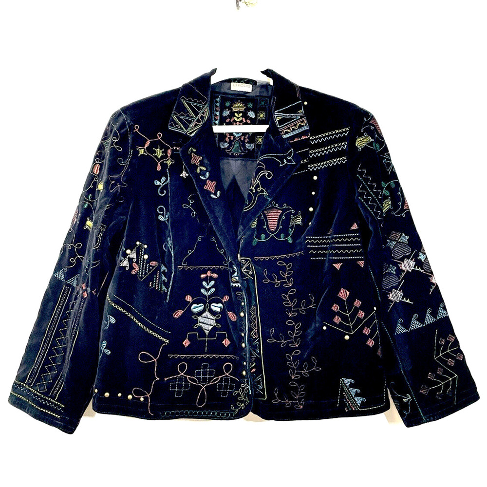 Chicos Size 2 US 12 Black Velvet Jacket Snap Front Embroidered Studs Art To Wear